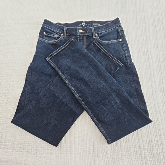 7 For All Mankind Slimmy Jeans Men's 34x33 Dark Wash Stretch Straight Leg EUC - Picture 3 of 16